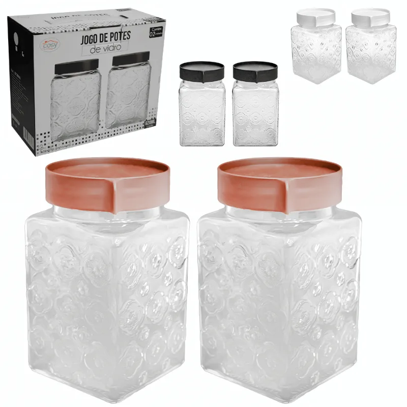 Kit c/ 2 Potes em Vidro 620ml - Cores Sortidas - Cosy