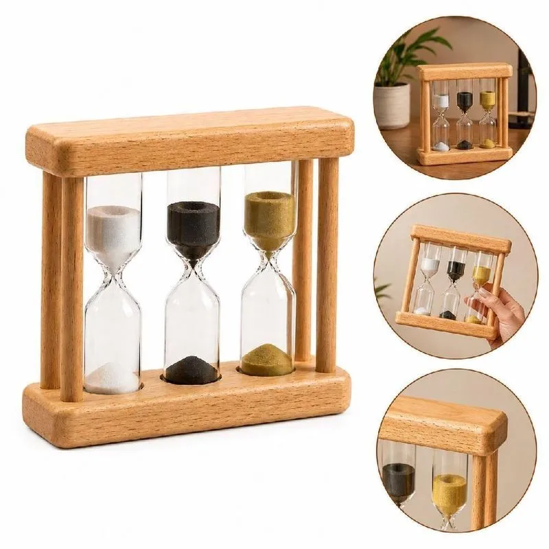 Ampulheta Decorativa Tripla 3 Minutos Vidro E Madeira Temporizador Mesa Escritório Marrom Yeet