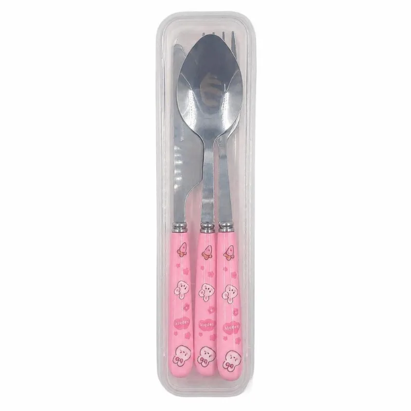 Kit Talher C/ Estojo 3 Peças em Aço Inox Fu Xing-Rosa