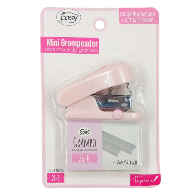 Kit Mini Grampeador C/ Refil 400 Grampos em Metal Fu Xing-Rosa