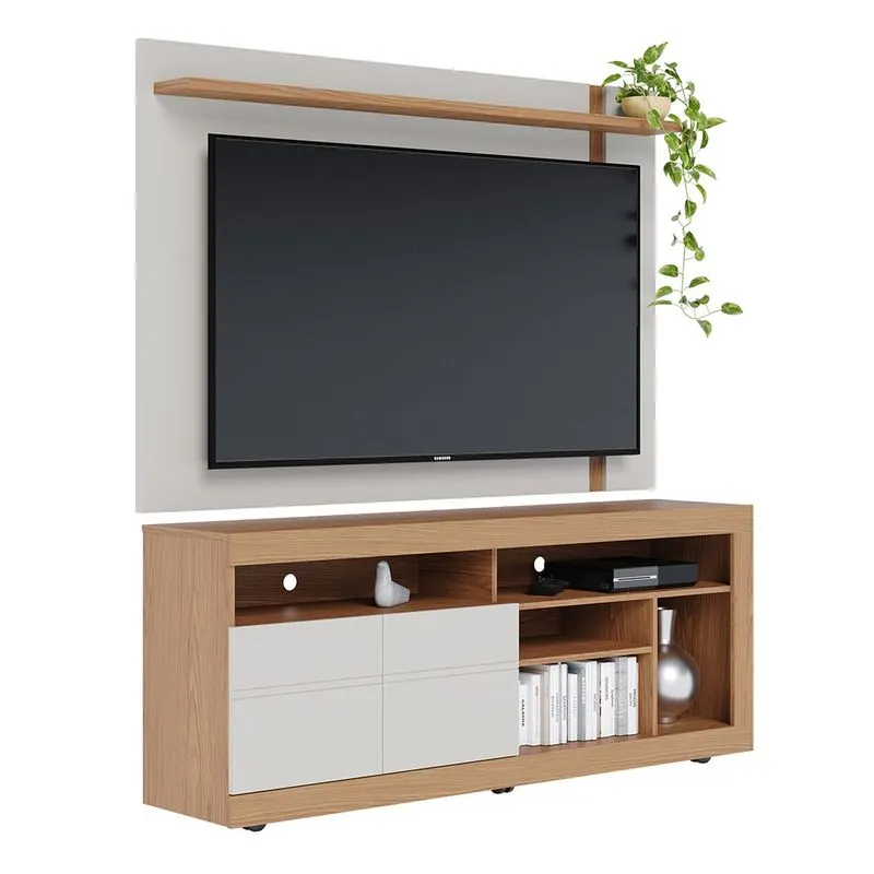 Conjunto Painel de Tv Pará + Bancada Rack Macapá para Sala de Estar Tv até 70 Off White Matte/ Freijó - Colibri