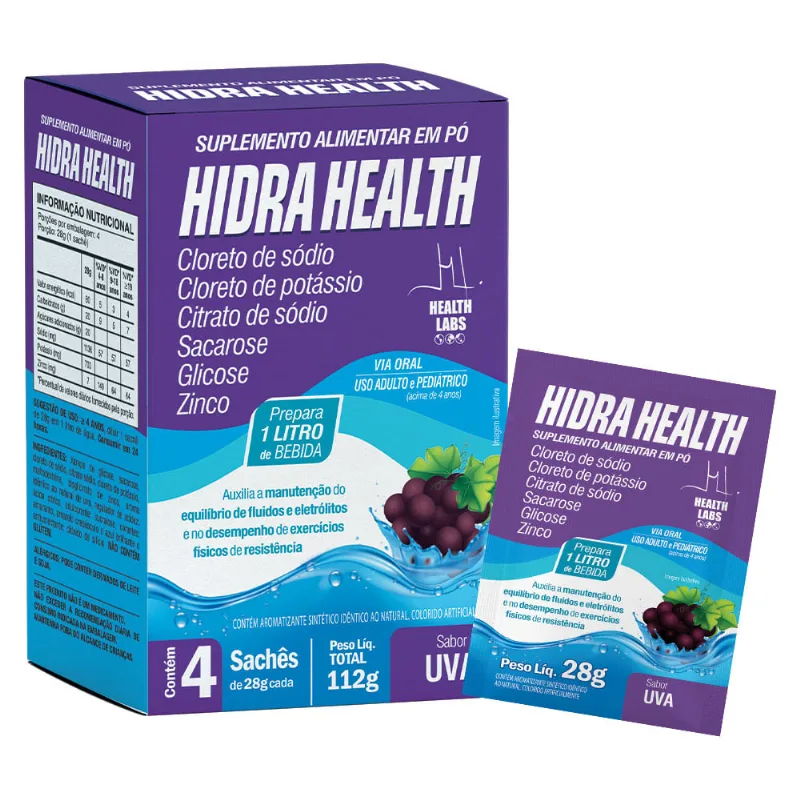 Hidra Health Suplemento Alimentar em Pó Health Labs Sabor Uva com 4 Sachês de 28g cada