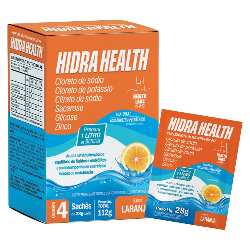 Hidra Health Suplemento Alimentar em Pó Health Labs Sabor Laranja com 4 Sachês de 28g cada