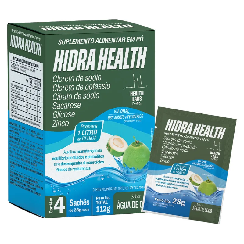 Hidra Health Suplemento Alimentar em Pó Health Labs Sabor Água de Coco com 4 Sachês de 28g cada