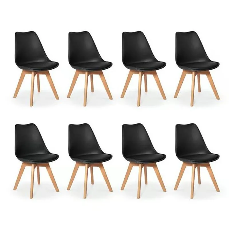 Kit C/8 Cadeiras Leda – Charles Eames, Saarinen Wood Com Almofada Preta