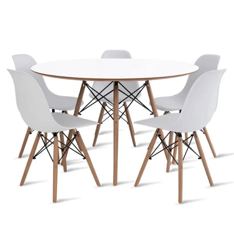 Conjunto De Mesa De Jantar Eames Eiffel Redonda 100cm Tampo De Madeira Branco Com 5 Cadeiras Brancas