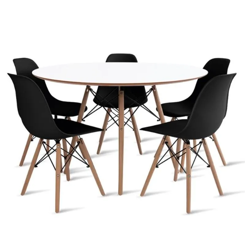 Conjunto De Mesa De Jantar Eames Eiffel Redonda 110cm Tampo De Madeira Branco Com 5 Cadeiras Pretas