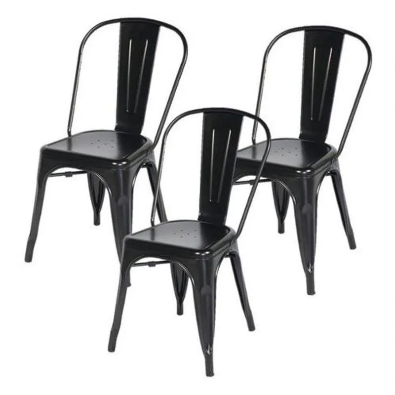 Kit Com 3 Cadeiras Tolix Iron Aço Carbono Industrial - Preto Brilhante