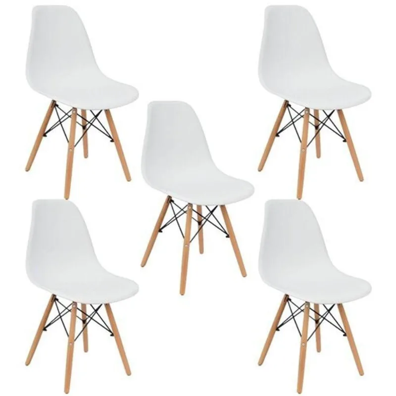 Conjunto 5 Cadeiras Eiffel Moderna Pé Palito Branca Base Madeira