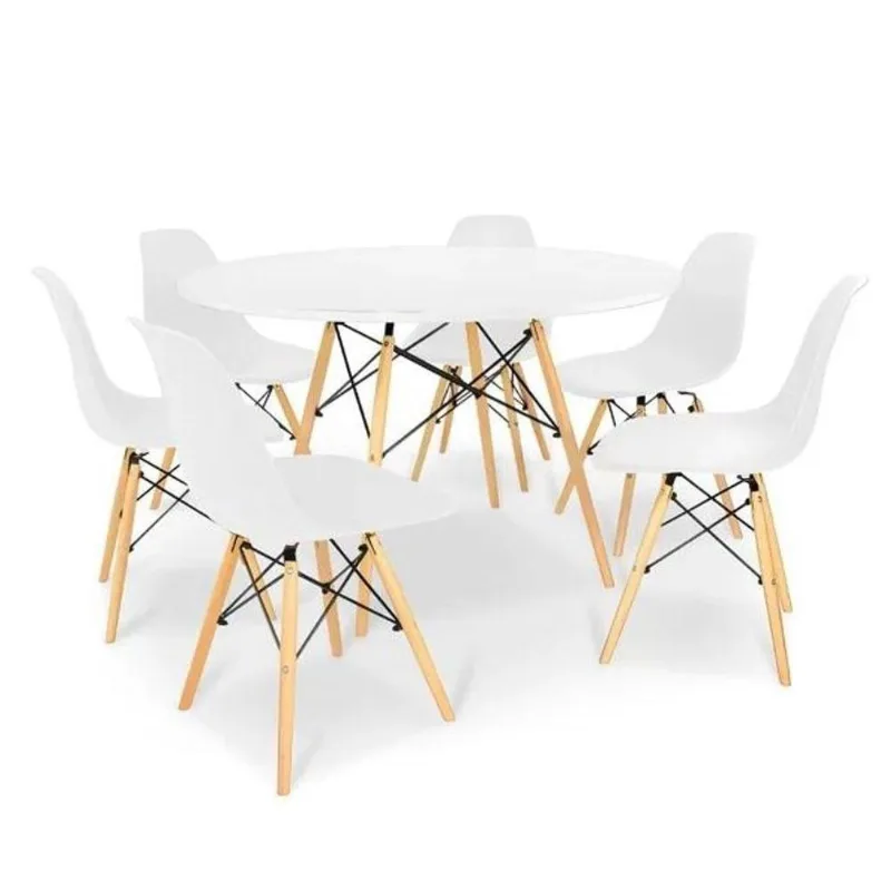 Conjunto De Mesa Eames Eiffel Redonda 120cm Branco + 6 Cadeiras Brancas