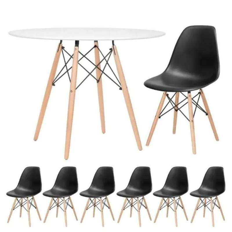 Conjunto De Mesa De Jantar Eames Eiffel Redonda 120cm Tampo De Madeira Branco Com 6 Cadeiras Pretas