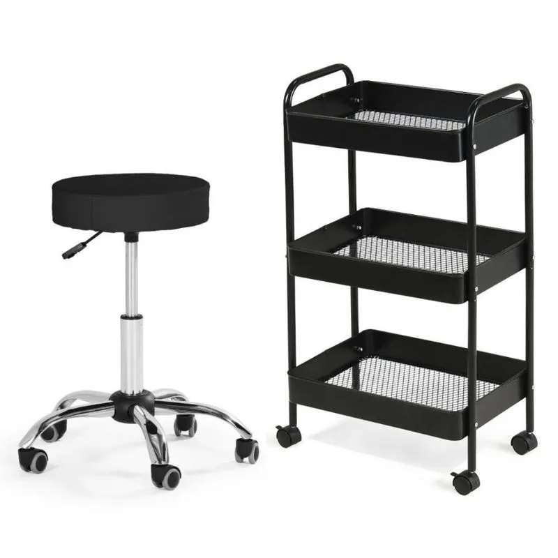 Kit Estética Com Banco Mocho E Carrinho Organizador - Preto