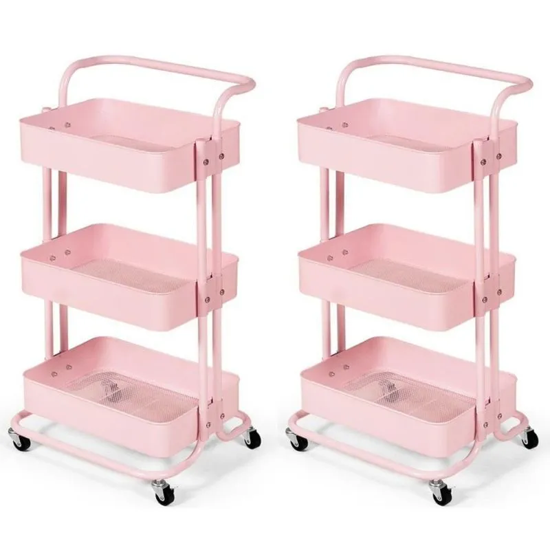 Kit 2 Carrinho Multiuso Organizador 3 Prateleiras Em Ferro - Rosa