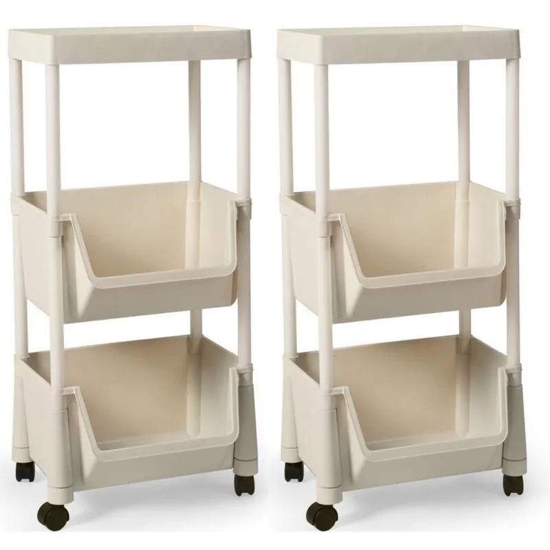 Kit 2 Carrinho Multiuso Prático 3 Prateleiras Em Plástico Com Rodízio - Creme