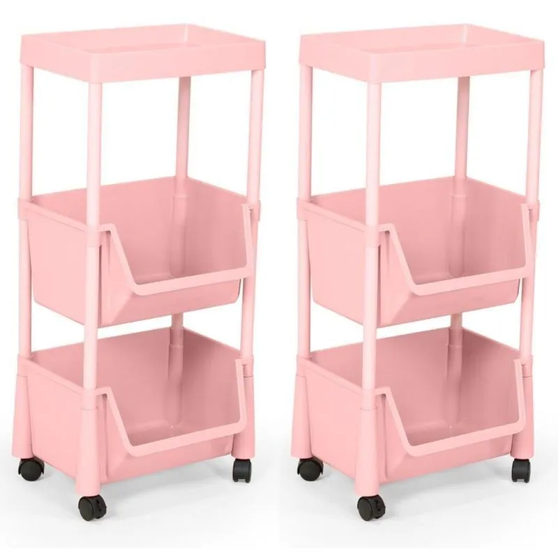 Kit 2 Carrinho Multiuso Prático 3 Prateleiras Em Plástico Com Rodízio - Rosa