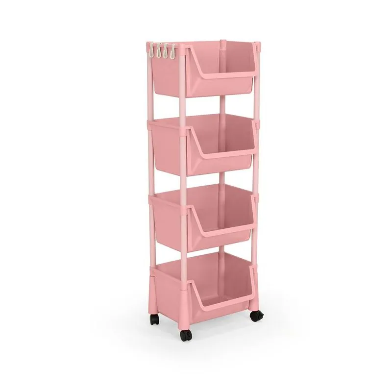 Kit 2 Carrinho Multiuso 4 Prateleiras Em Plástico Com Rodízio - Rosa