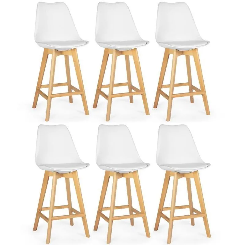 Kit 6 Banqueta Alta Leda Base Madeira Com Encosto - Branco