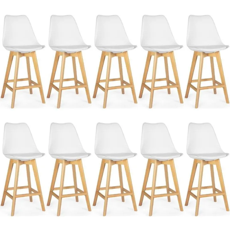 Kit 10 Banqueta Alta Leda Base Madeira Com Encosto - Branco
