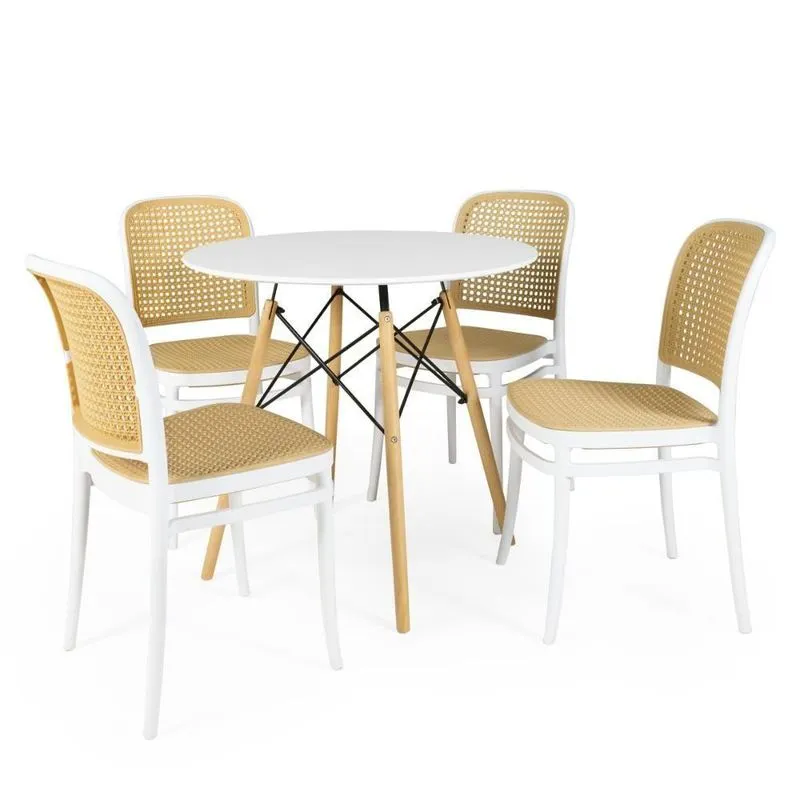 Conjunto Mesa De Jantar Redonda Eiffel Branca 80cm Com 4 Cadeiras Roma - Branco