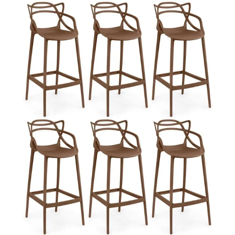 Kit 6 Banquetas Allegra Com Encosto Design Cozinha/bancada - Marrom