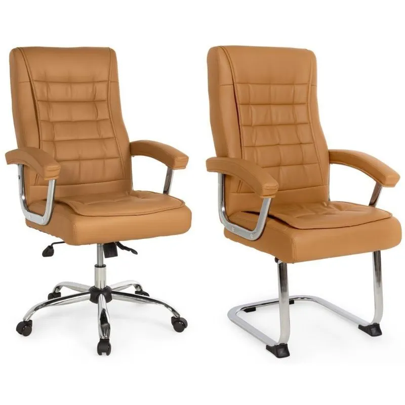 Kit Cadeira De Escritório Presidente Molas Ensacadas + Cadeira Base Fixa Presidente Premium - Caramelo