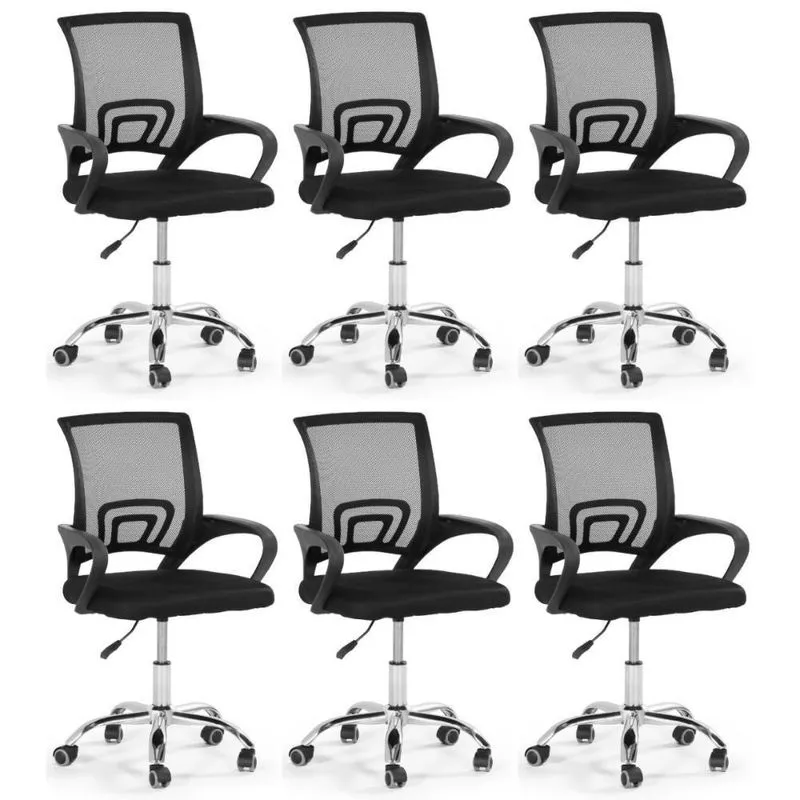 Kit 6 Cadeiras Secretária Office Base Giratória Em Tela Mesh - Preto