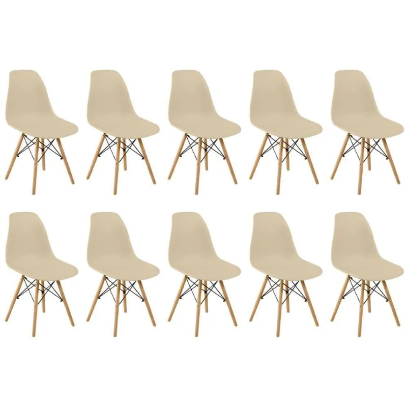 Conjunto 10 Cadeiras Charles Eames Eiffel Wood Base Madeira - Nude