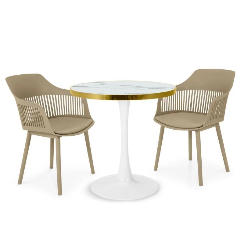 Conjunto Mesa De Jantar Redonda Majestic 70cm Branca Com 2 Cadeiras Estofadas Marcela - Nude Escuro