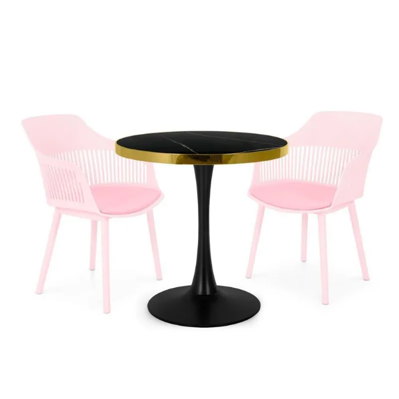 Conjunto Mesa De Jantar Redonda Majestic 70cm Preta Com 2 Cadeiras Estofadas Marcela - Rosa