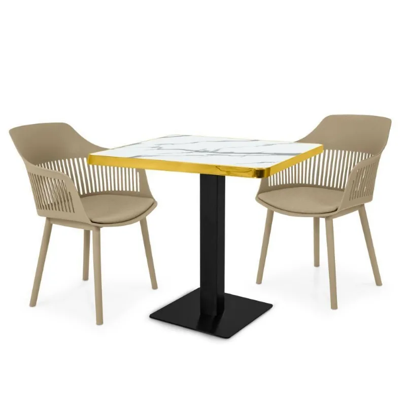 Conjunto Mesa De Jantar Quadrada Venezia 70x70cm Branca Com 2 Cadeiras Estofadas Marcela - Nude Escuro