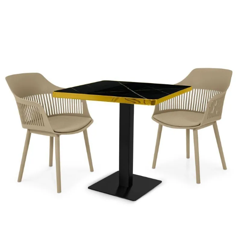 Conjunto Mesa De Jantar Quadrada Venezia 70x70cm Preta Com 2 Cadeiras Estofadas Marcela - Nude Escuro