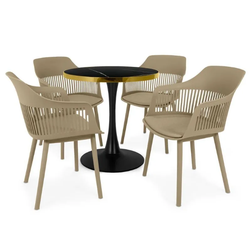 Conjunto Mesa De Jantar Redonda Majestic 70cm Preta Com 4 Cadeiras Estofadas Marcela - Nude Escuro