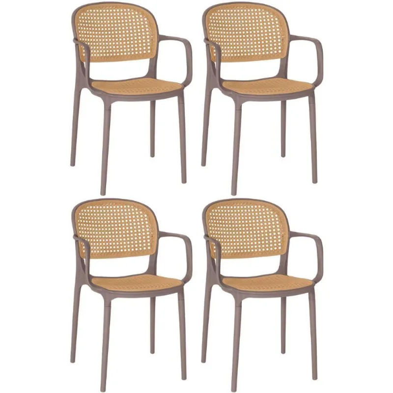 Kit 4 Cadeiras De Jantar Roma Prática Com Braços Para Sala E Cozinha - Marrom Claro