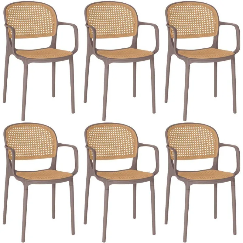 Kit 6 Cadeiras De Jantar Roma Prática Com Braços Para Sala E Cozinha - Marrom Claro