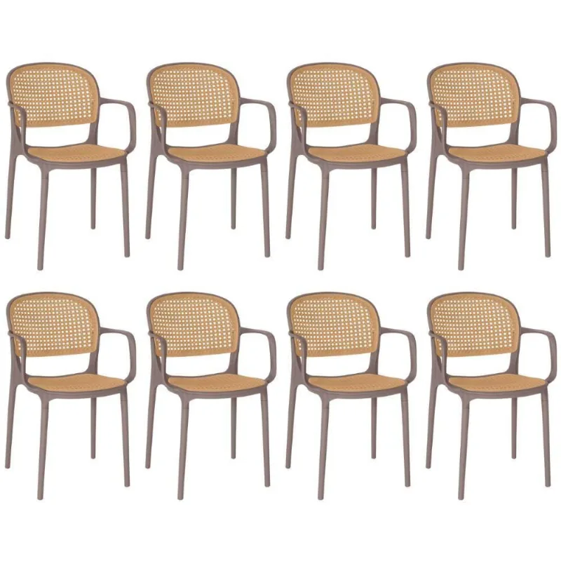 Kit 8 Cadeiras De Jantar Roma Prática Com Braços Para Sala E Cozinha - Marrom Claro