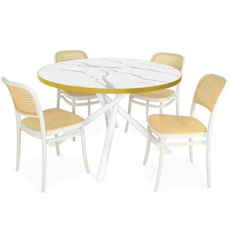 Conjunto Mesa De Jantar Solaris Com 4 Cadeiras Roma Tampo De Vidro Marmorizado Branco 120cm
