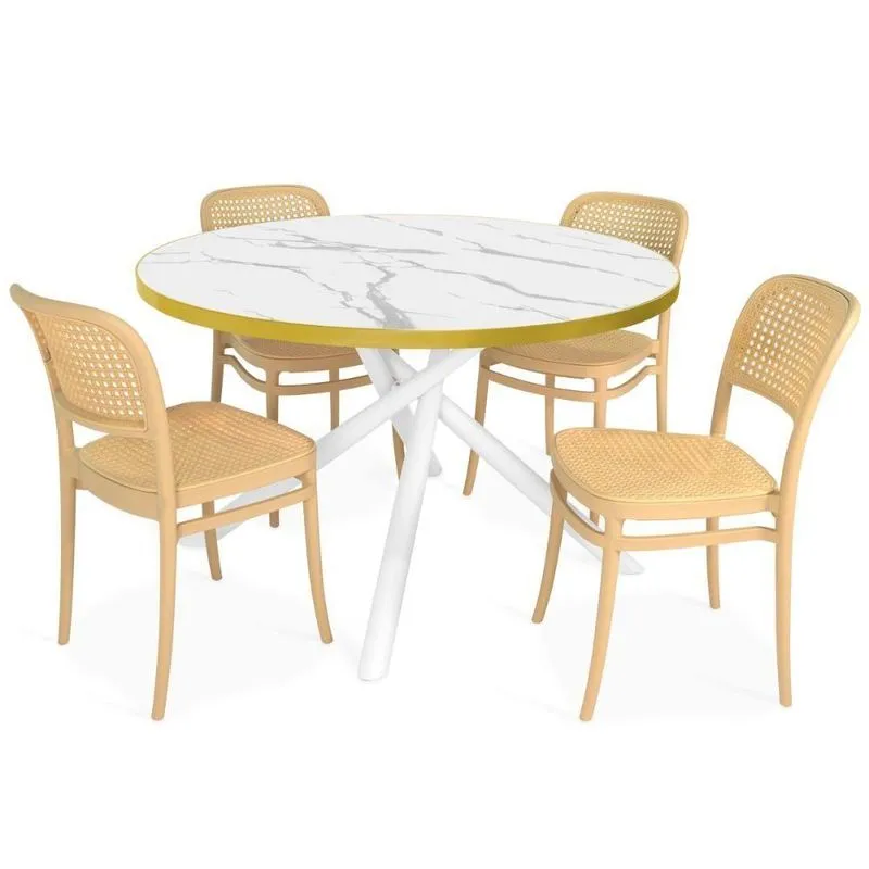 Conjunto Mesa De Jantar Solaris 4 Lugares Tampo De Vidro Marmorizado Branco 120cm Magazine Decor