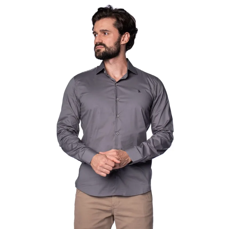 Camisa Masculina Amil Slim Manga Longa Cinza Escuro - 4