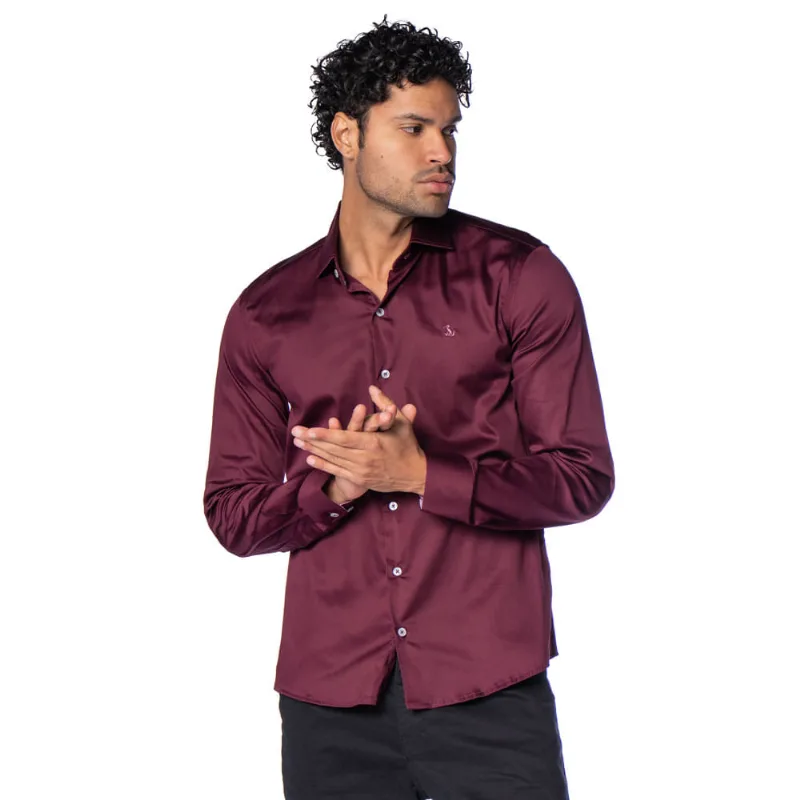 Camisa Masculina Amil Manga Longa Slim Elastano Bordô - 4