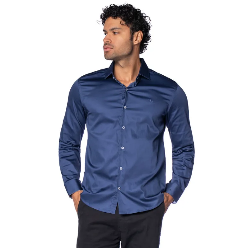 Camisa Masculina Amil Manga Longa Slim Elastano Azul Escuro - 3