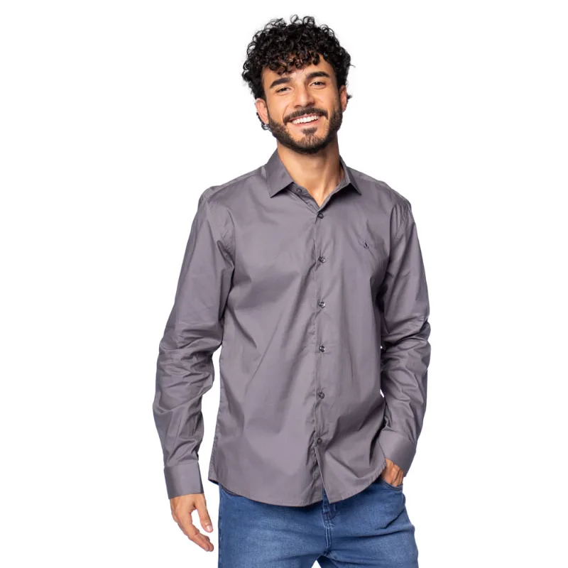 Camisa Masculina Amil Manga Longa com Elastano Cinza Escuro - 3