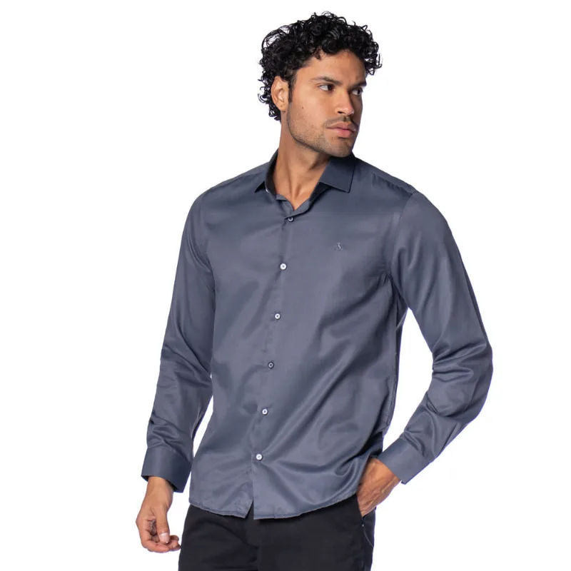 Camisa Masculina Amil Manga Longa Slim Cinza Escuro - 3