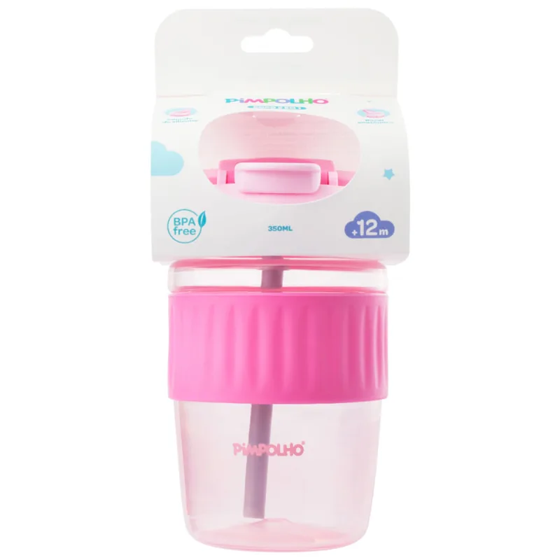 Copo Pimpolho 2 em 1 com Canudo e Bico Cor Rosa 350ml +12 Meses - pimpolho