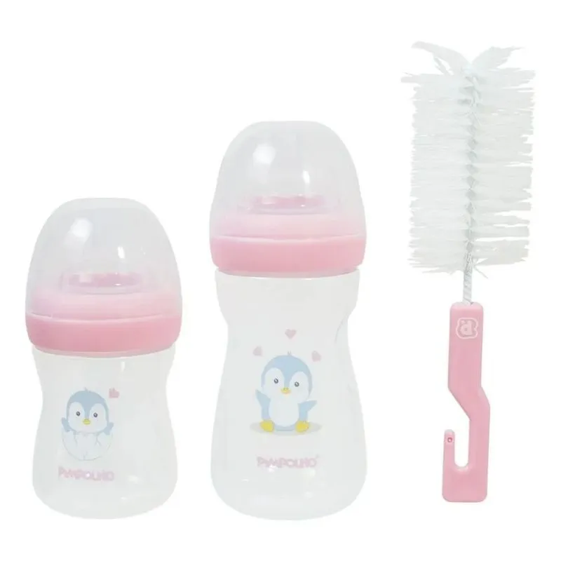 Kit 2 Mamadeiras Pimpolho Serena Pinguim 150ml E 260ml Com Escova Higiênica Rosa (MP)