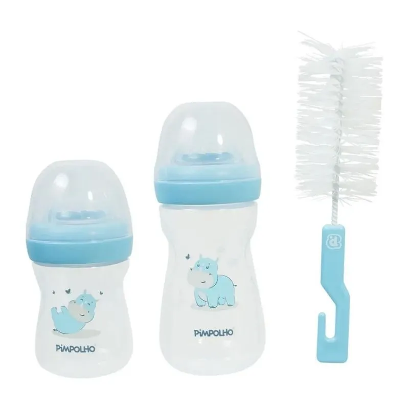 Kit 2 Mamadeiras Pimpolho Serena Rinoceronte 150ml E 260ml Com Escova Higiênica Azul (MP)