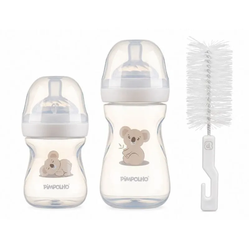 Kit 2 Mamadeiras Pimpolho Serena Coala 150ml E 260ml Com Escova Higiênica Branco (MP)