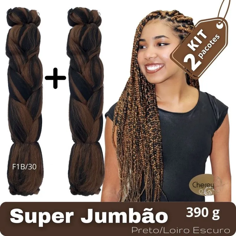 Kit com 2 Super Jumbos Cherey Cor F1B/30 Preto/Loiro Escuro 390 Gramas Para Tranças Box Braids Nagô Dread 60 cm