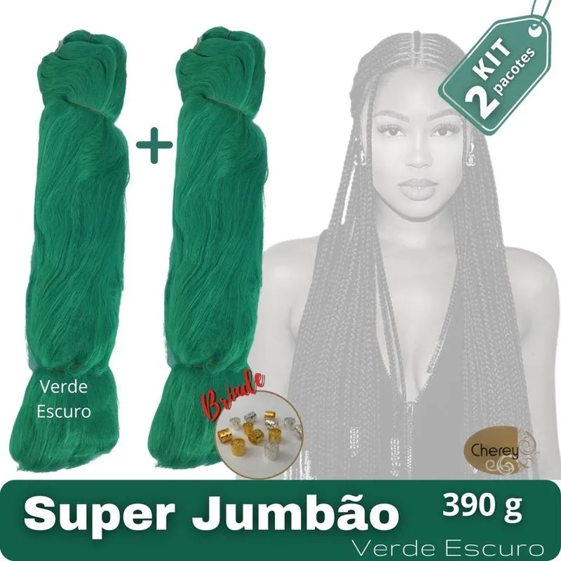 Kit com 2 Super Jumbos Cherey Cor Verde Escuro 390 Gramas Para Tranças Box Braids Nagô Dread 60 cm