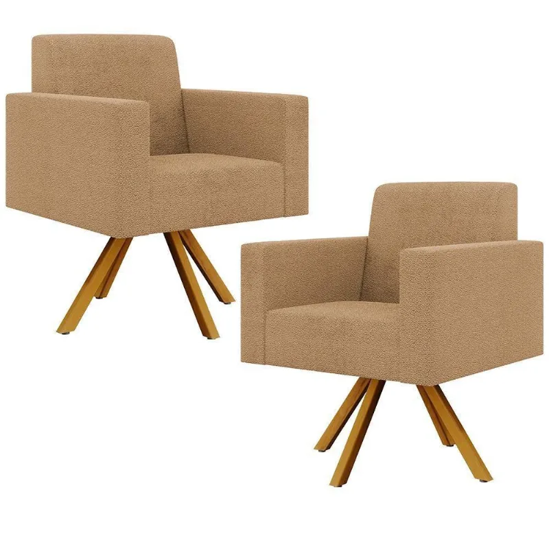 Kit 02 Poltronas Decorativa Giratória Base De Madeira Helô L02 Bouclê Mostarda