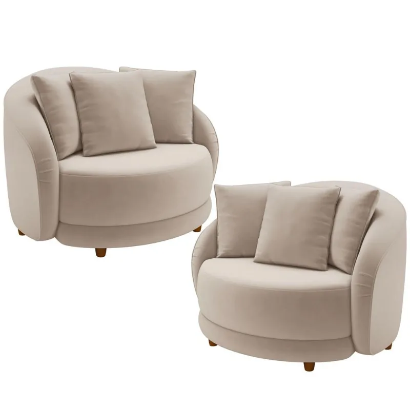 Kit 02 Poltronas Decorativa Para Sala de Estar Fixa Pés Madeira Witta M03 Veludo Bege - Lyam Decor - Lyam Decor